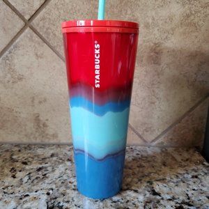 Starbucks 2021 Summer Color Wave Ombre Red Aqua And Blue 24 Fl Oz Cold Cup.